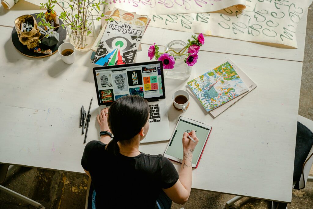 An employee works at his desk.