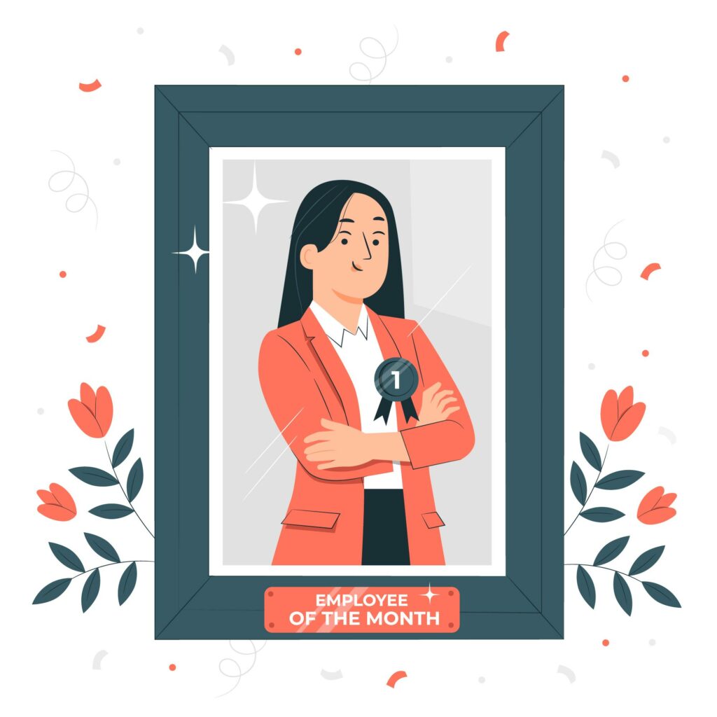 An illustrative image, with a portrait of a woman under which is written Employee of the Month.