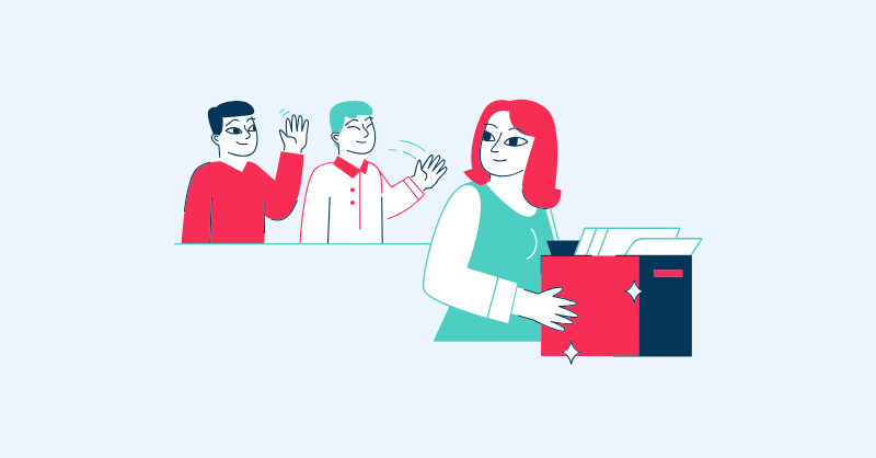 Illustration d'une collaboratrice quittant l’entreprise avec le sourire, dans une ambiance positive.